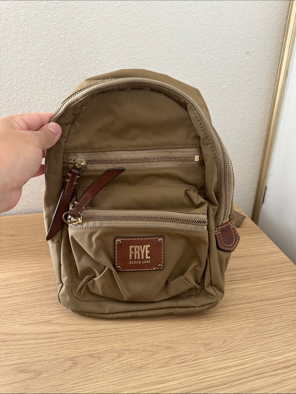 Frye Khaki Mini Backpack with Brown Leather Accents